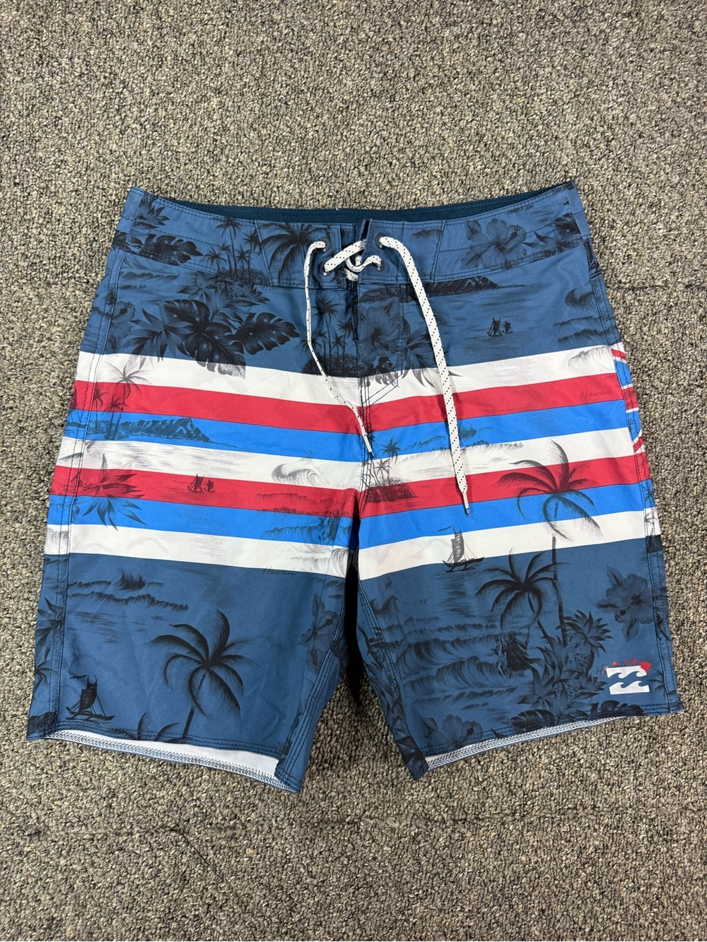 Billabong Men's Blue Tropical Stripe Board Shorts with Red & White Accents